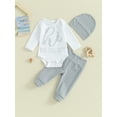 thumbnail image 2 of Suealasg Baby Boy Girl 3Pcs Clothes Outfit Letter Print Long Sleeve Rompers and Elastic Pants Beanie Hat Set 3 6 9 12 18 Months Infant Fall Clothes, 2 of 9