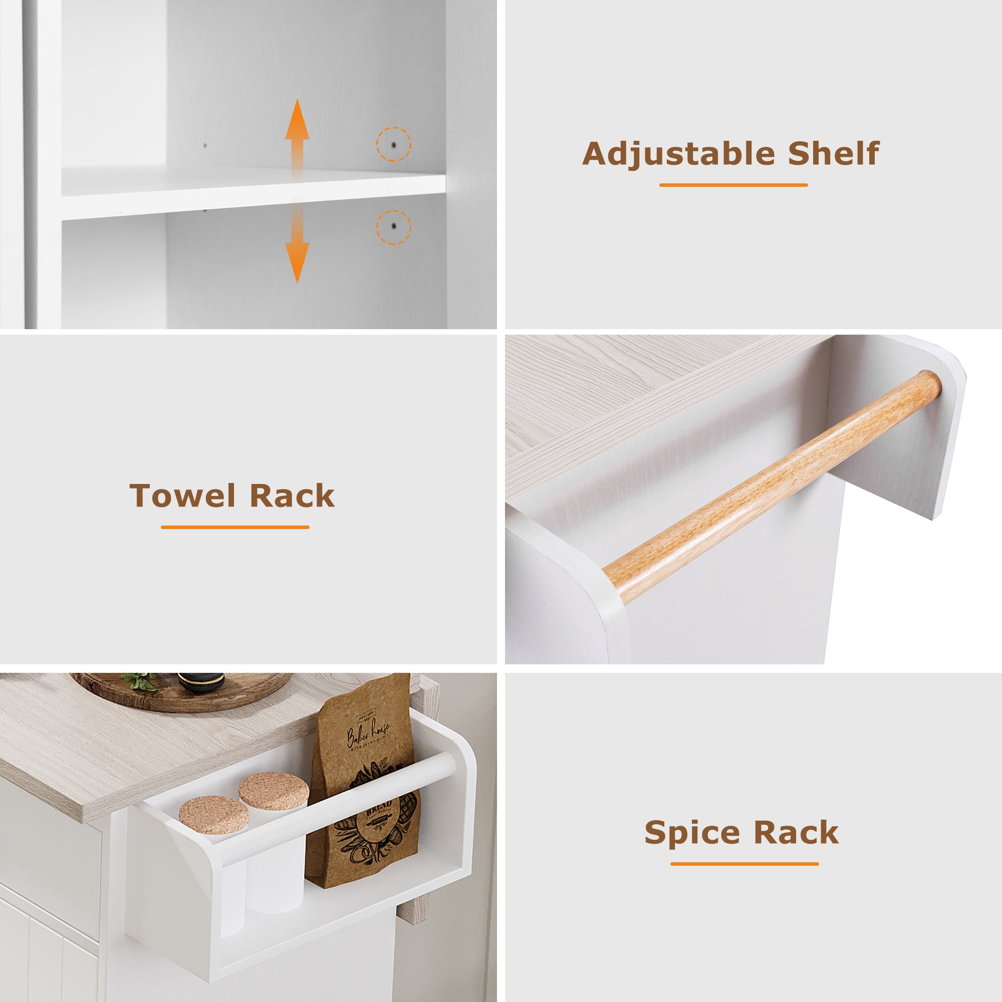 Leumius Kitchen Island with Trash Can Storage Cabinet, Kitchen Cart with Drop Leaf, Spice Rack, Towel Rack and Drawer, Rolling Kitchen Island on Wheels with Adjustable Shelf, White