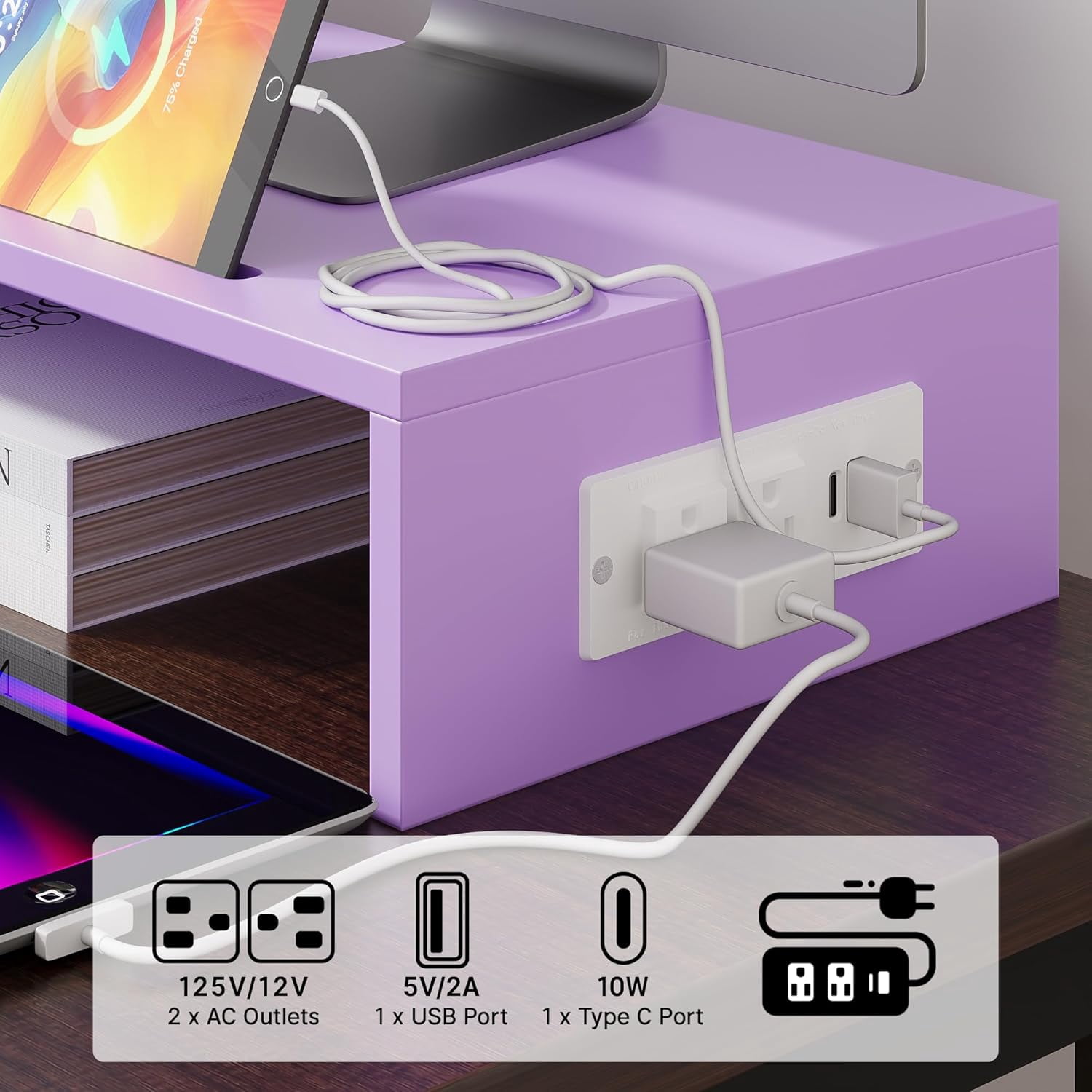 Dual Monitor Stand with USB Ports and Drawer, Adjustable Wood Computer Riser for PC Laptop Desk Organizer in  Pink