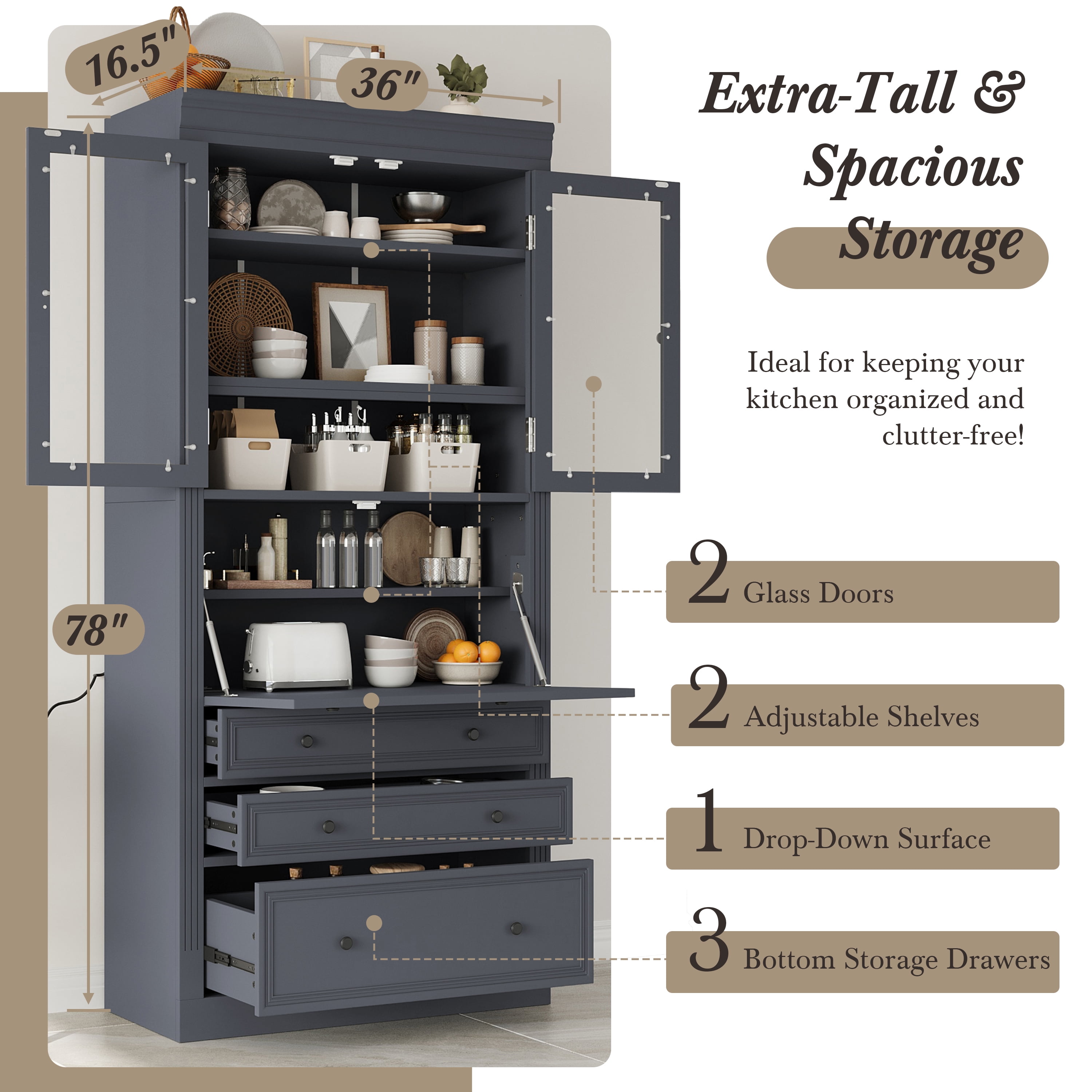 Harper & Bright Designs Tall Kitchen Pantry Cabinet with Power Outlets, Freestanding Cupboard with 3 Drawers and Adjustable Shelves for Dining Room, Grey