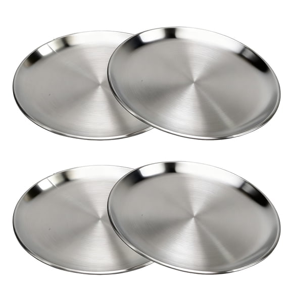 4 Pack 9 Inch 304 Stainless Steel Plates, Food Grade Round Metal Dinner Dishes, Smooth Edge Mirror Polished Serving Plates for Daily Meals, Camping & Gatherings