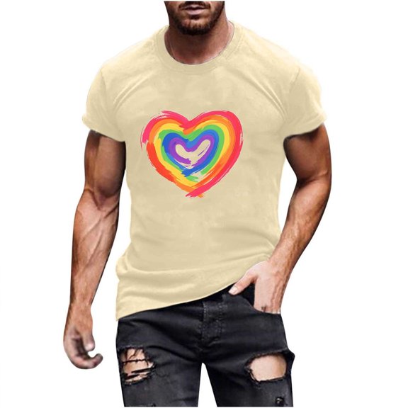 Shirts for Men Rainbow Love Printed Short Sleeved Round Neck T-shirt Khaki L