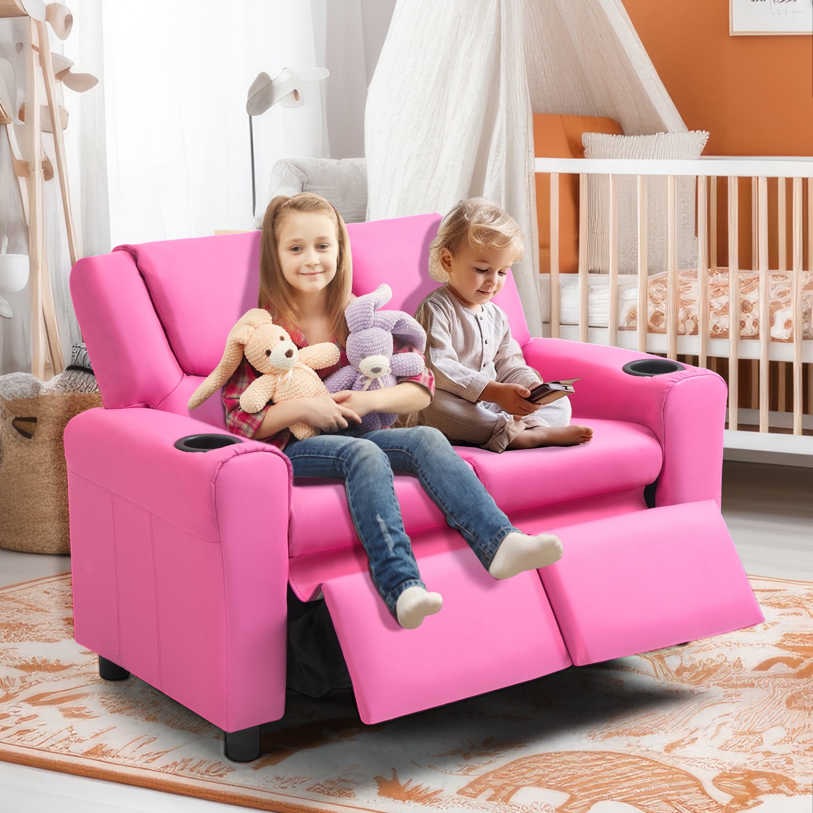 AVAWING Double Kids Recliner Chair PU Leather Kids Loveseat Lounge Sofa Chair Pink Walmart Business Supplies