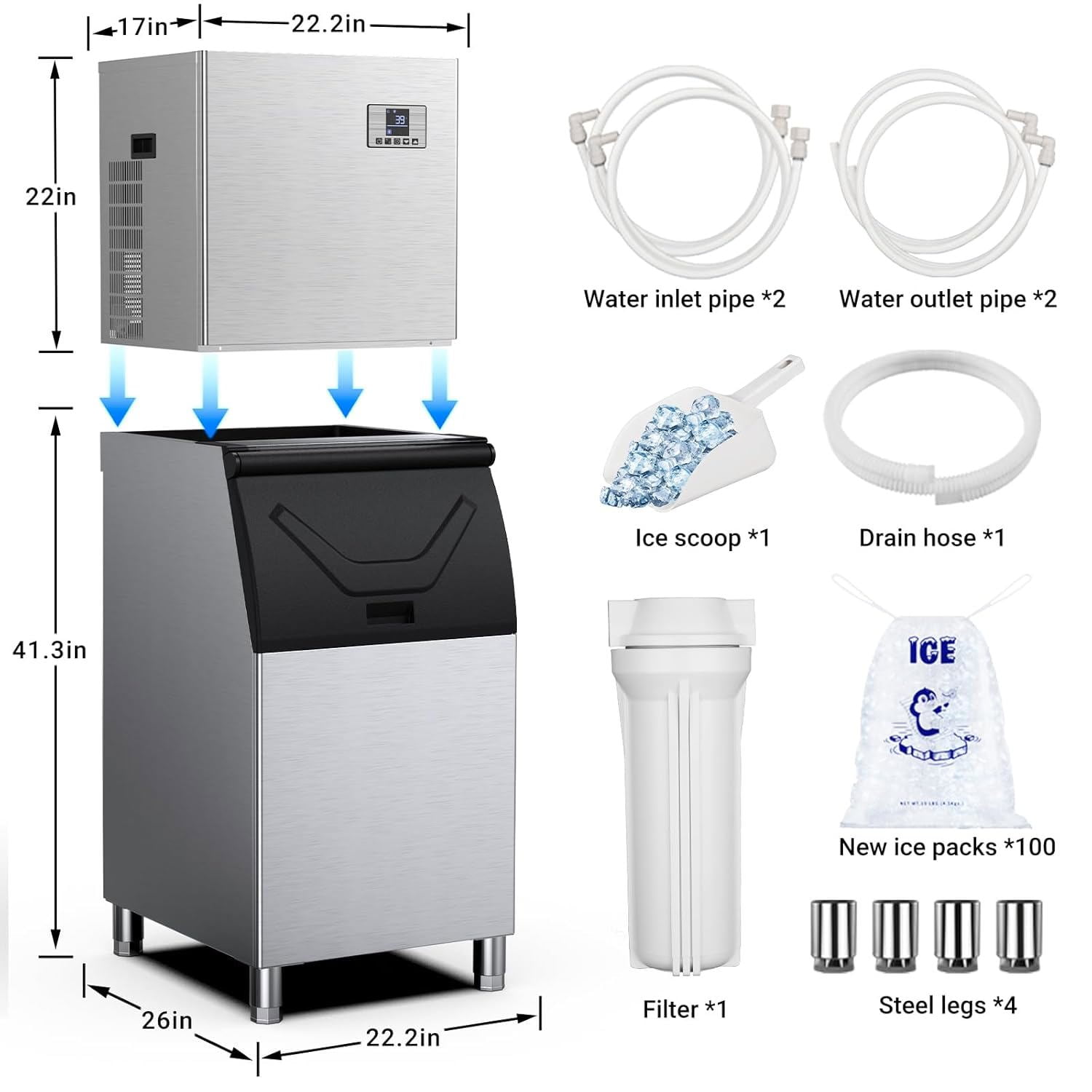Joreek Commercial Ice Machine 650LBS/24H with 400LBS Storage Bin Large Industrial Ice Maker Self-Cleaning Timing Function 210 Ice Cubes in 5-15min, Adjustable Ice Thicknesses