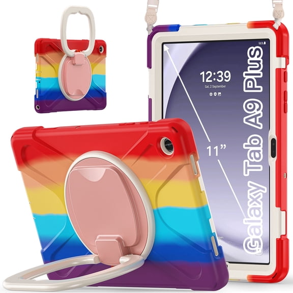 Case for Samsung Galaxy Tab A9 11.0 inch, 360 Degree Rotating Hand Grip Shockproof Cover with Shoulder Strap, Colourful Red