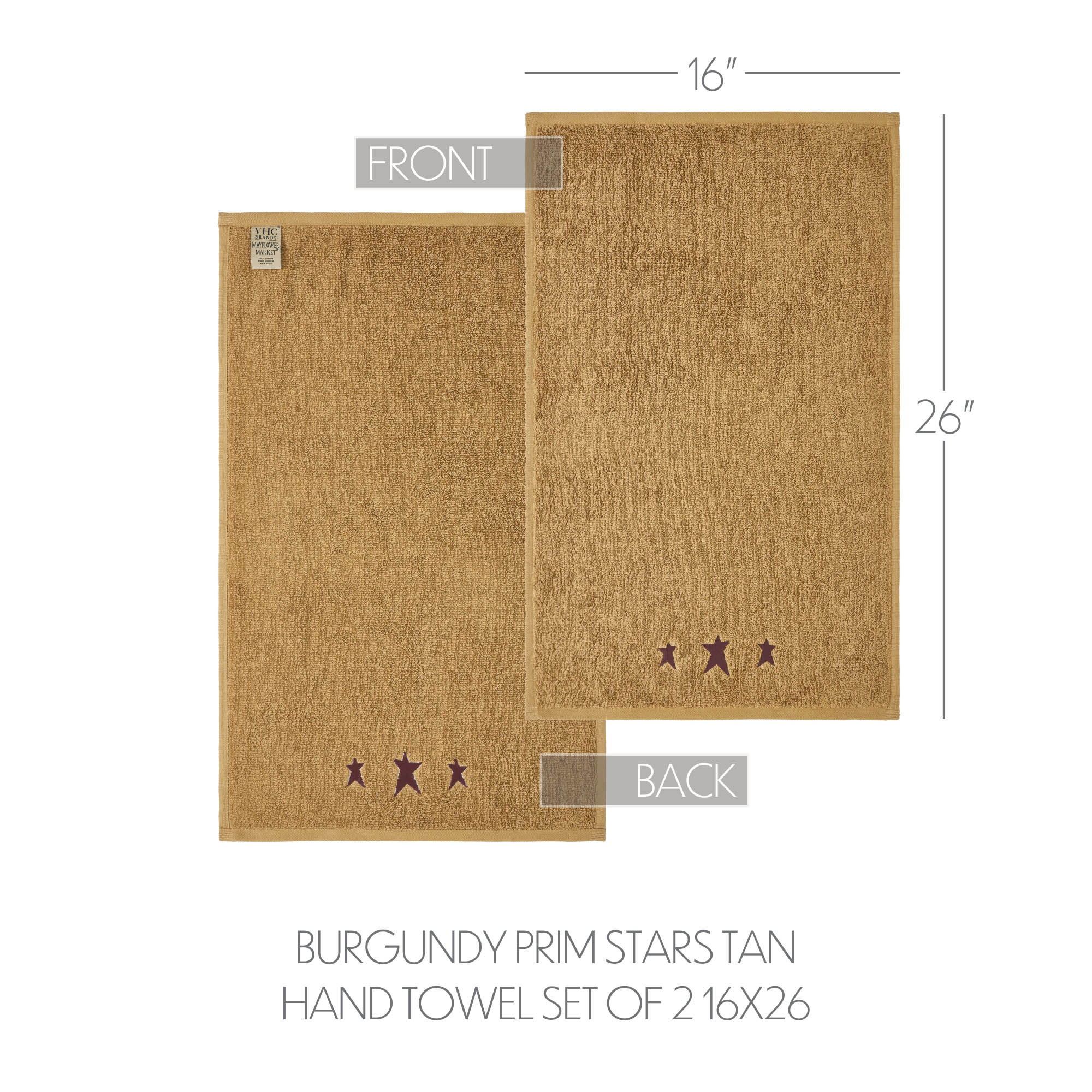 VHC Brands Burgundy Prim Stars Tan Hand Towel Set of 2 16x26