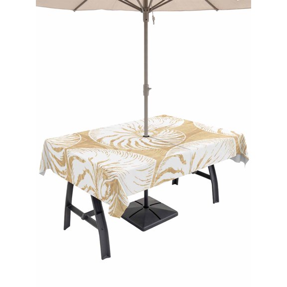 Outdoor Tablecloth with Umbrella Hole for Patio/Picnic/Party/Camping, Coastal Shell Beige Waterproof Table Cloth Rectangle Table Cover Washable, Ocean Shell Beach Summer (60"x 102")