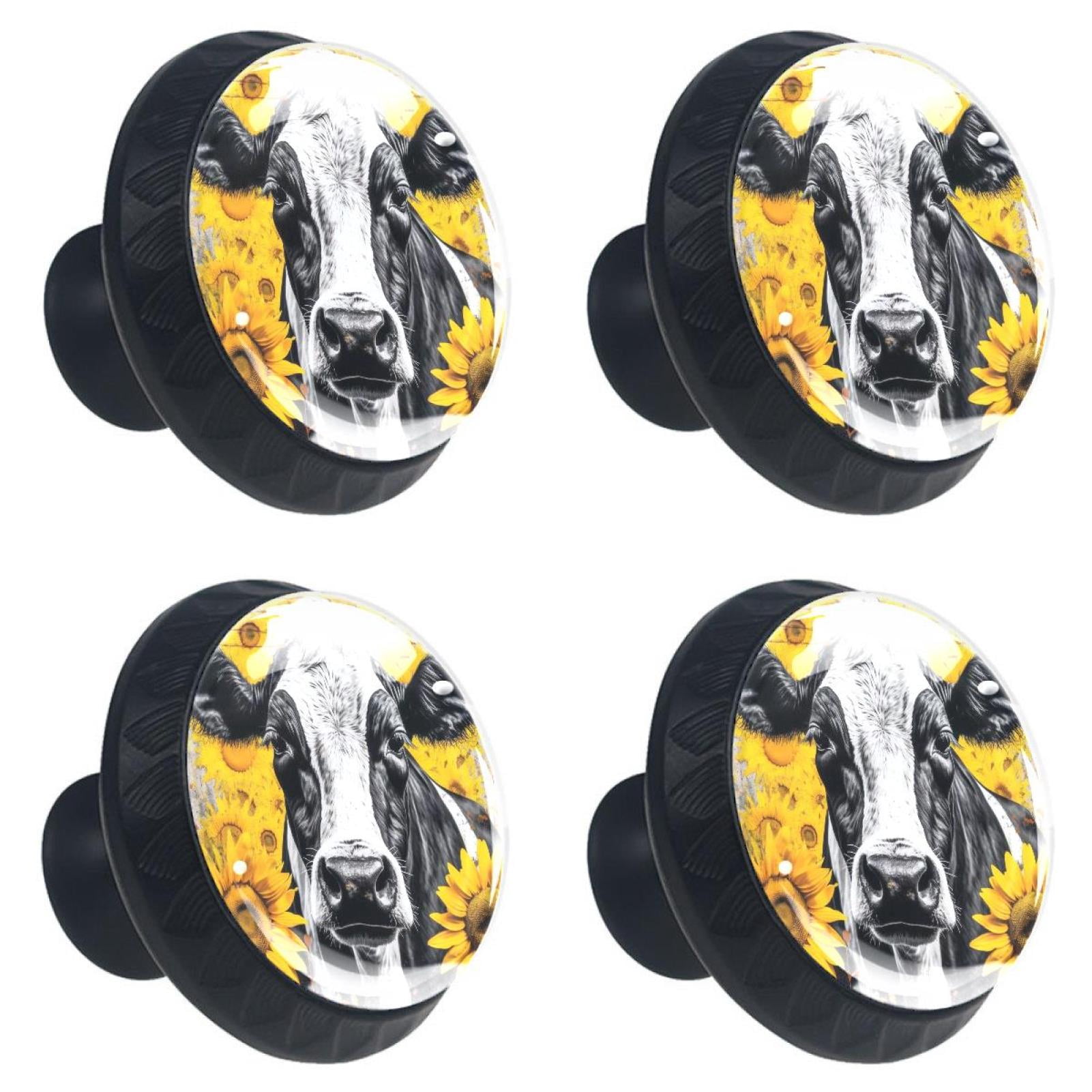 4 Pcs Cow and Sunflower Knobs for Kitchen Cabinet Cupboard Dresser Bookcase Drawer Pulls Handles Round Home Decor