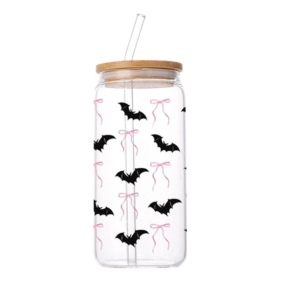 Halloween Cola Glass Cup with Bamboo Lid & Straw, Spooky Printed Tumbler for Iced Coffee Party Drinks, Gothic Gift for Women