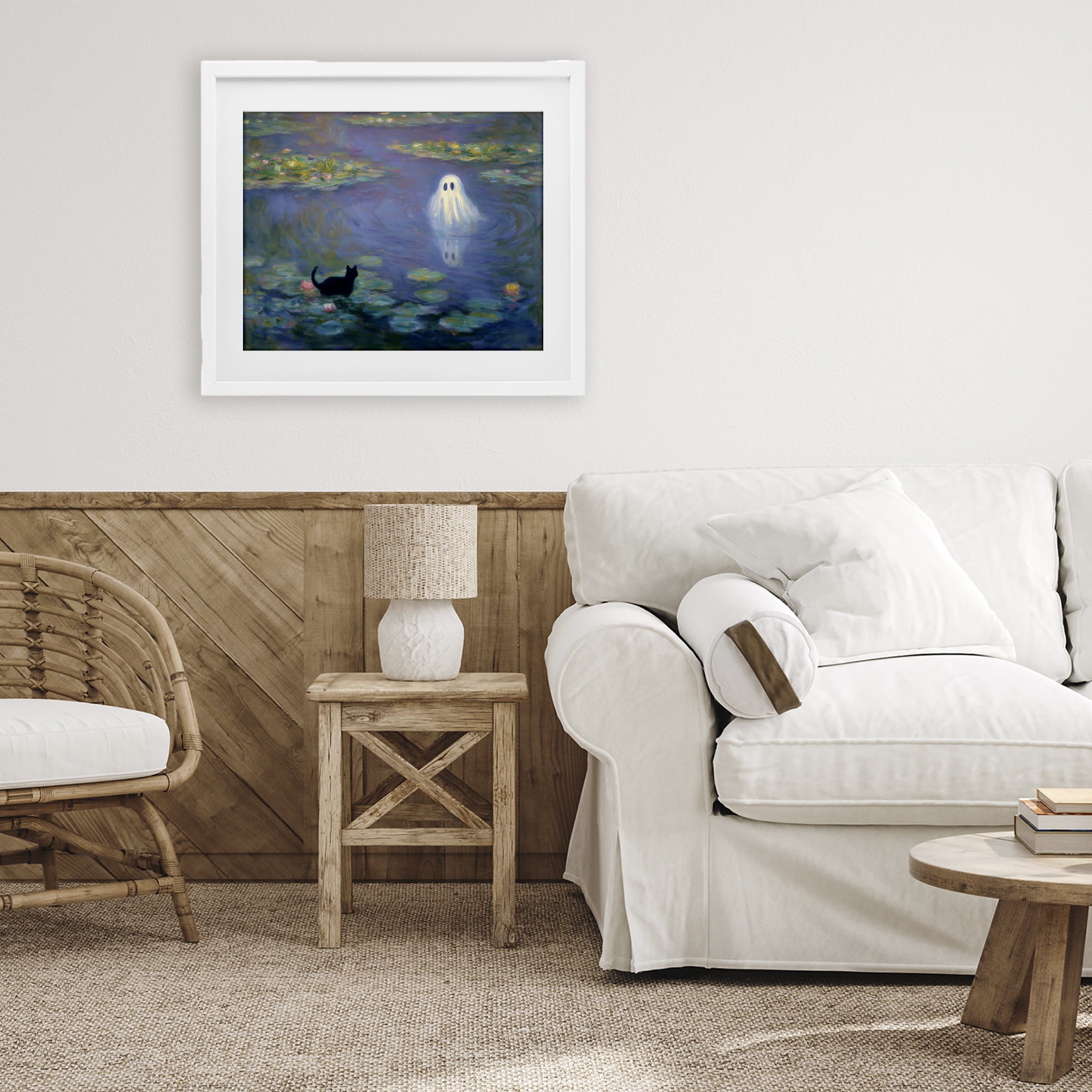 Water Lilies with Ghost & Kitty White Framed Print Under Glass, design by Arlington Prints
