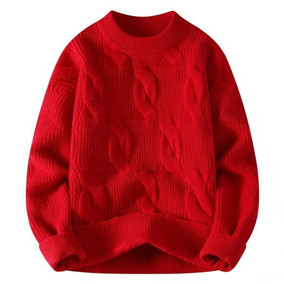 JTieacloth Men's Cardigan Sweaters Men's Trend Autumn/Winter Fashion Loose Contrasting Color Round Neck Pullover Casual Knit Base Sweater(Red)