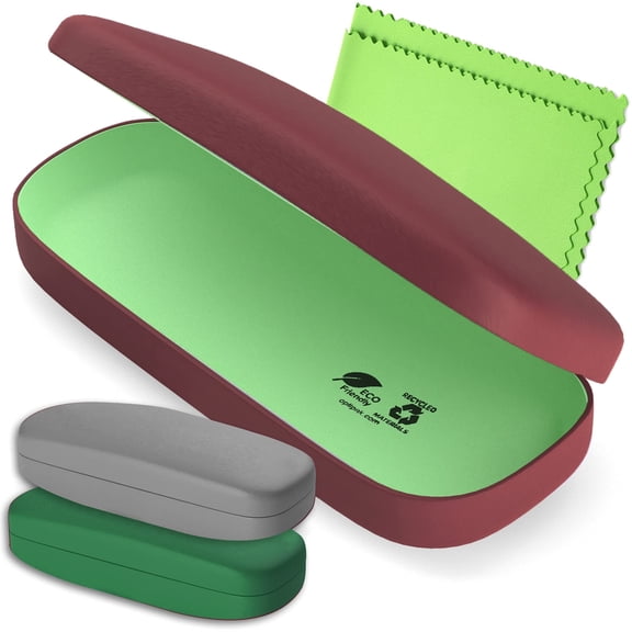 OPTIPAK Hard Shell Glasses Case - Eco Friendly Eyeglass Hard Case with Microfiber Cleaning Cloth - Brushed (Gn, Bur, Gy, 3Pk)