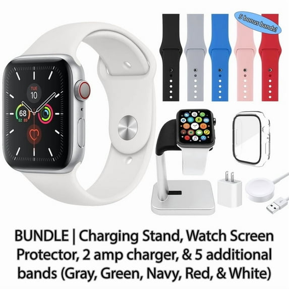 Restored Apple Watch Series 5 (GPS + Cellular, 44 mm) Silver Aluminum Case with Silver Sport Band Bundle 5 Bonus Bands, Charging Stand, Screen Protector, & 2 amp charger (Refurbished)