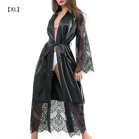 

Women Sexy Lace Long Robe Sleepwear Nightwear Bathrobe Nightdress Black XL