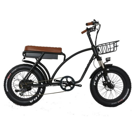 Long motorcycle seat electric bike. 20"x4.0" fat tires. 750W motor. 48V 15Ah battery. Front suspension.