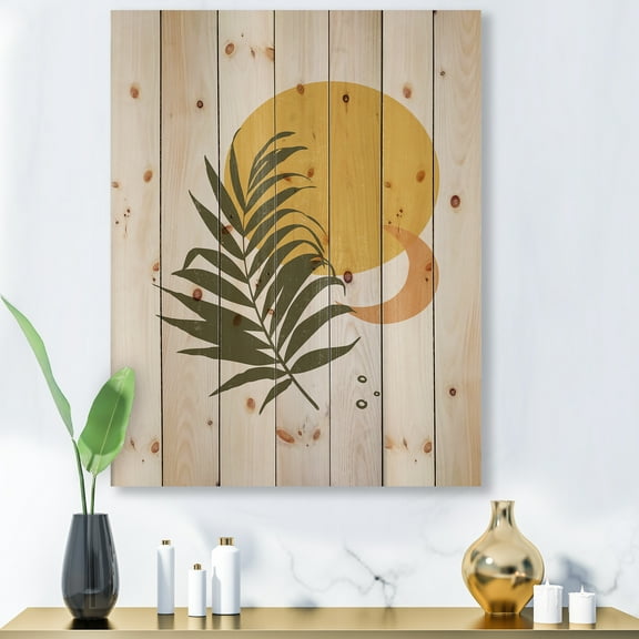 Designart 'Abstract Moon and Yellow Sun With Tropical Leaf I' Modern Print on Natural Pine Wood