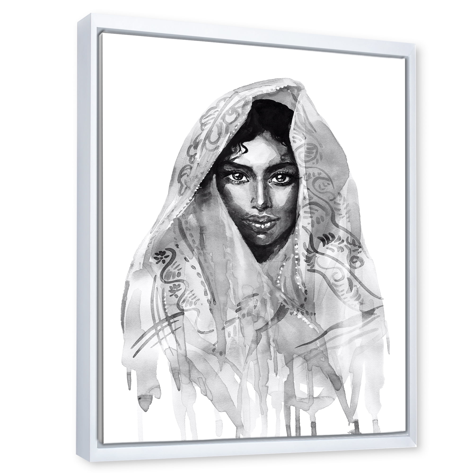 Designart 'Black and White Portrait of Young Indian Woman I' Modern Framed Canvas Wall Art Print