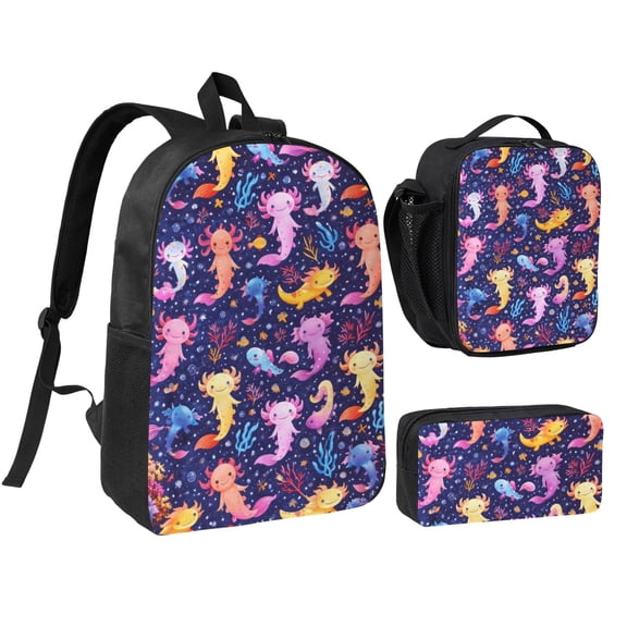 Cute Axolotl Backpack Set 3pc ，Backpack with Lunch Bag and Bag 17 Inch