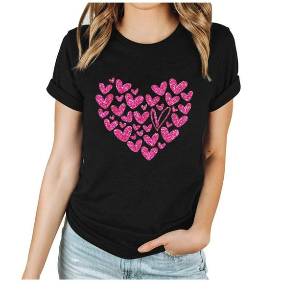 VALMASS Women Valentine's Day Shirts Short Sleeve Crewneck Heart Graphic T-Shirts Casual Pullover Tunic Tops (S, A Black)
