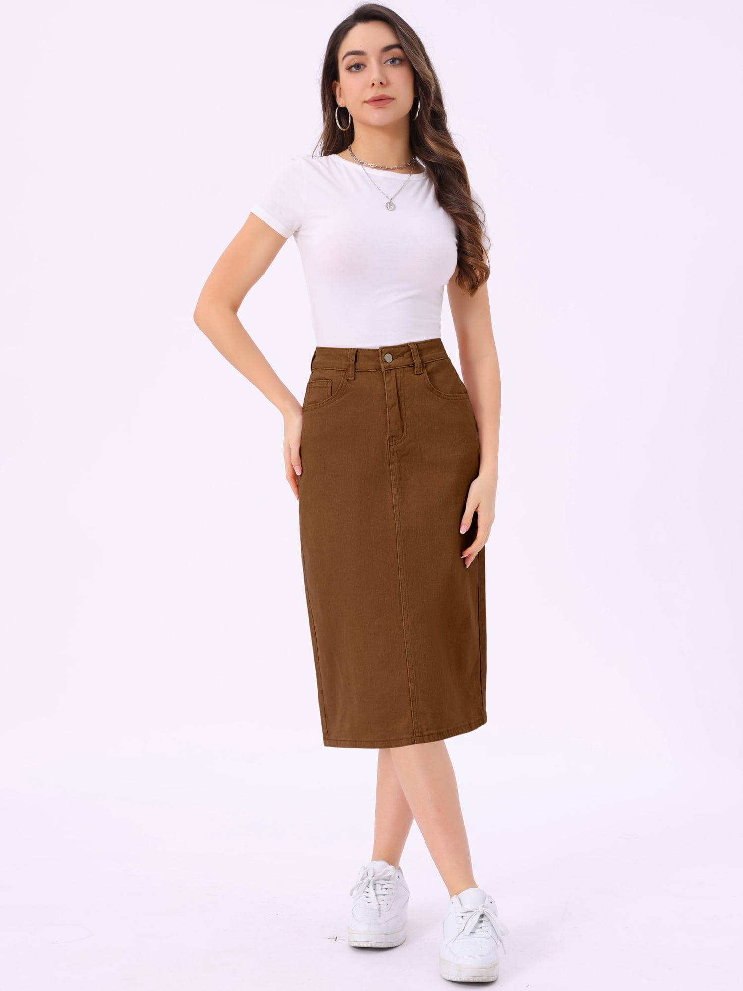 DARING DIVA Women's Zipped and Button Denim Split Back Pockets Midi Jean Skirts XL Dark Brown