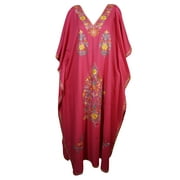 Mogul Womens Kimono Kashmiri Pink Caftan Cotton Floral Hand Embroidered Indian Ethnic Evening Maxi Long Kaftan Dress