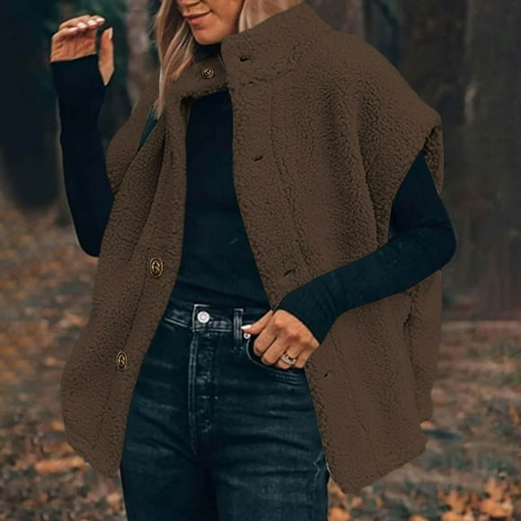 Mevxay Womens Fleece Vest Sleeveless Fuzzy Sherpa Jackets Button Down Oversized Casual Drop Shoulder Fall Winter Coats Brown XL