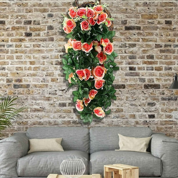 Ramo de rosas falsas, decoración de pared de cesta colgante de flores artificiales, enredadera de flores falsas, decoración del hogar flores, rojo sandía