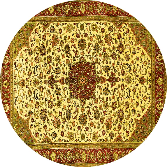 Ahgly Company Machine Washable Indoor Round Medallion Yellow Traditional Area Rugs, 5' Round