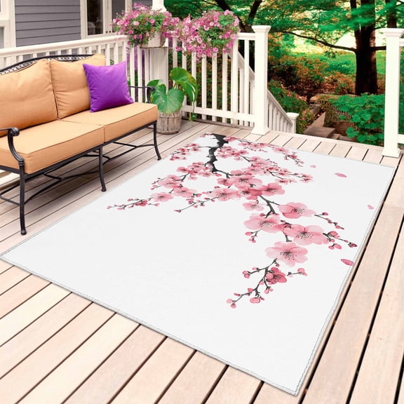 Pink Flower Outdoor Rug 3x5 Ft, Non Slip Washable Area Rug, Spring Summer Botanical Floral Branches Patio Rugs Carpet Runner, Large Floor Mat for Indoor/Outdoor Deck Porch Camping