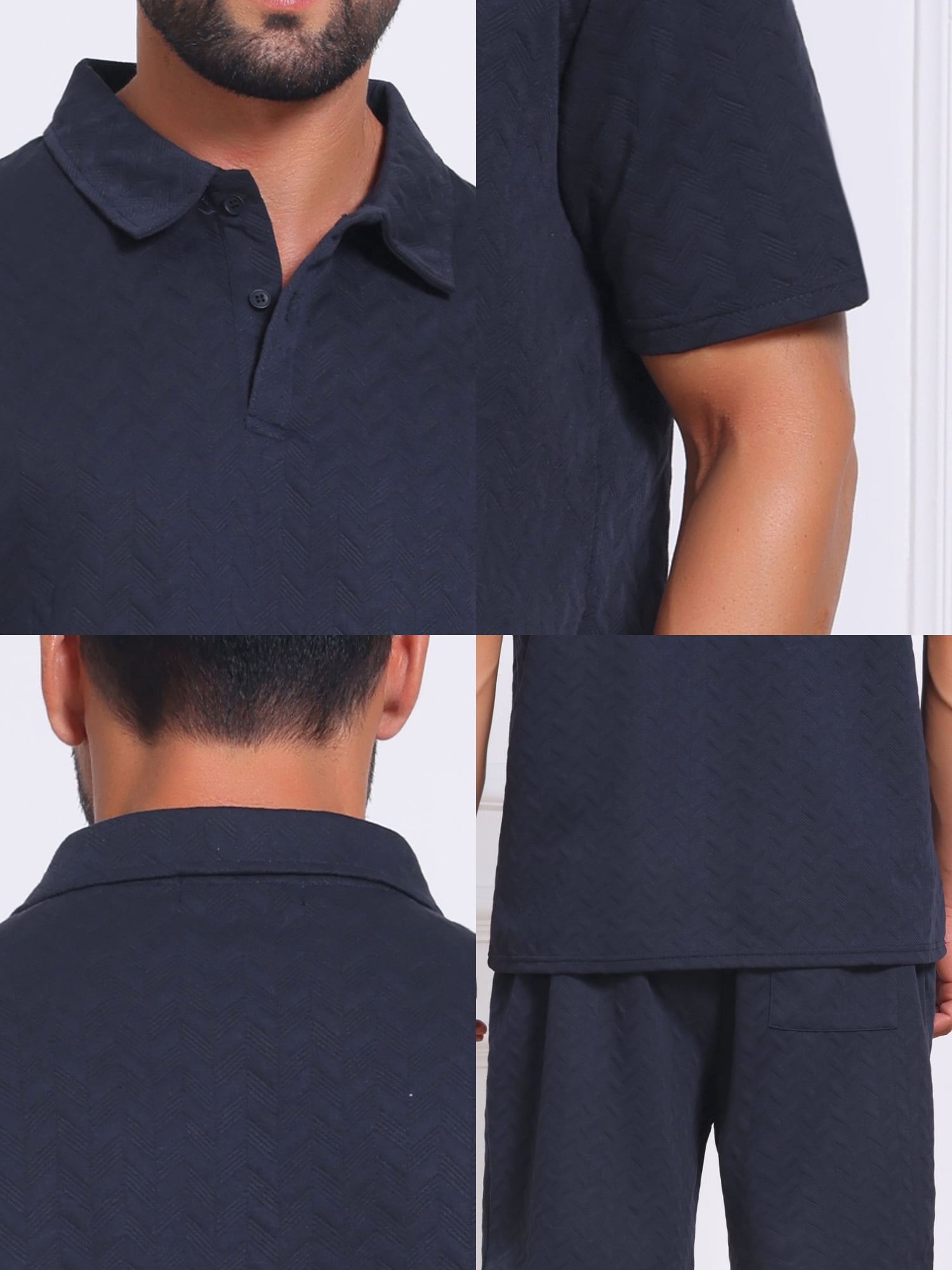 DARING DIVA Men's 2 Pieces Jacquard Polo Shirt & Drawstring Shorts Outfits XL Navy Blue