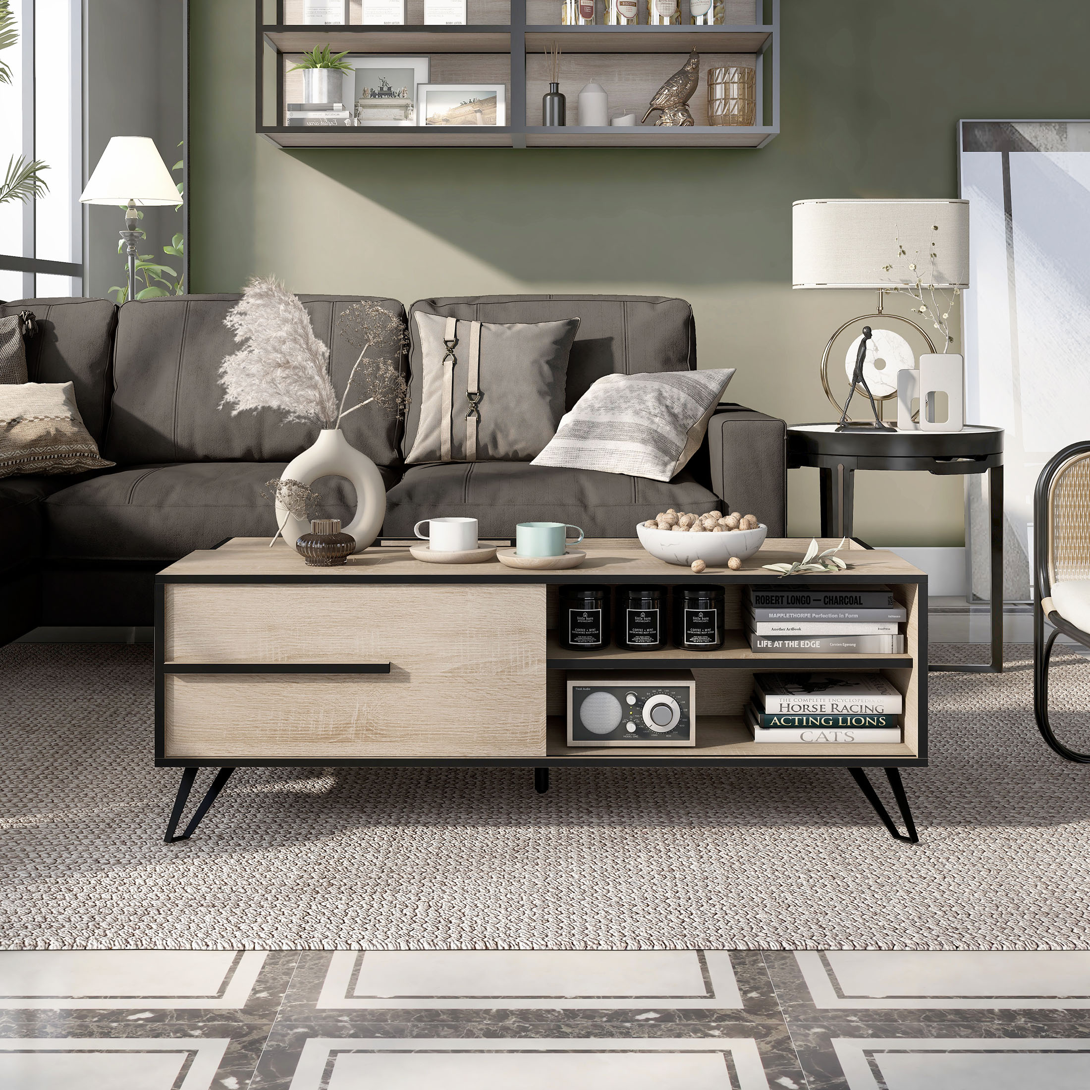 Furniture of America Saran Multi-Storage Coffee Table, Natural Oak