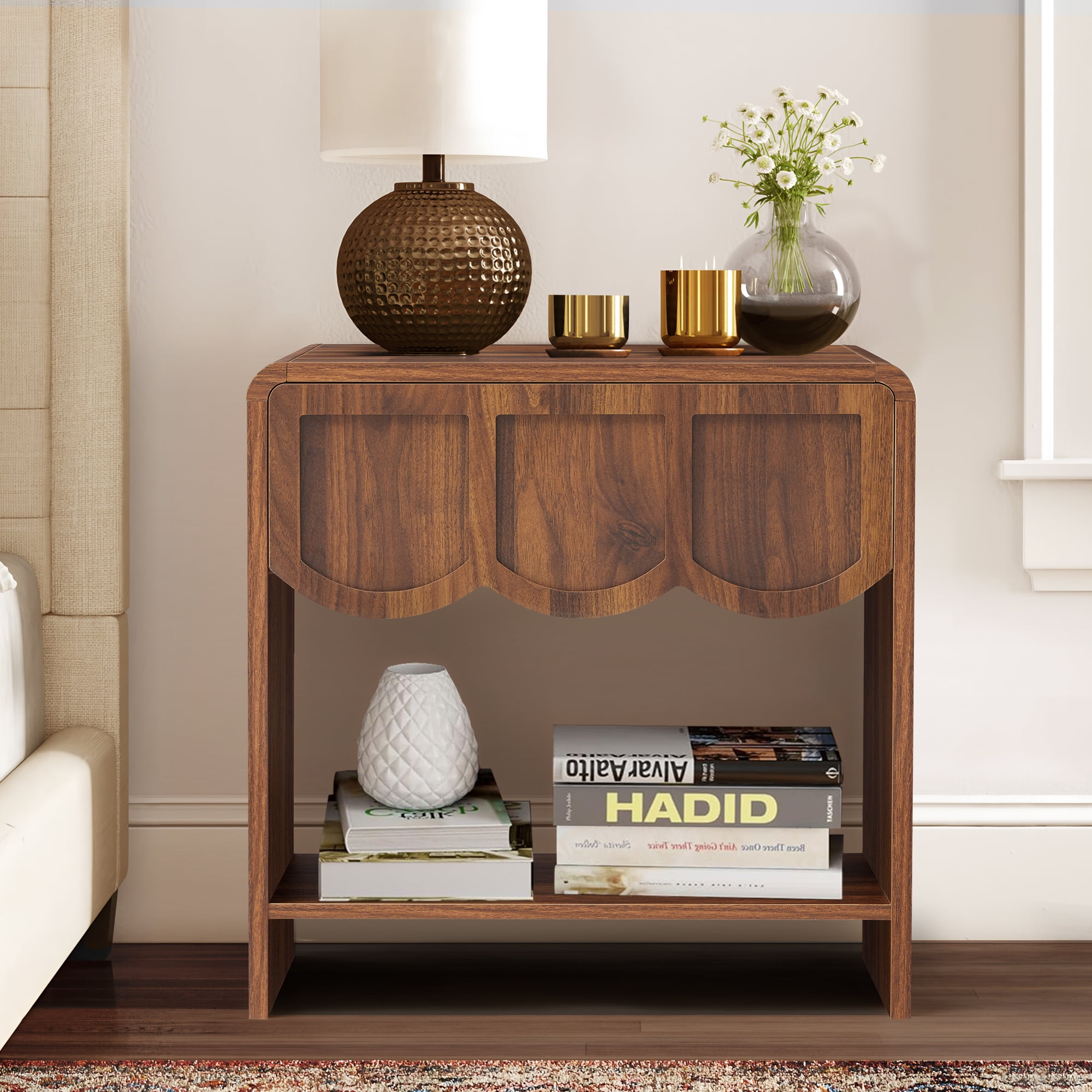 Wirrytor Farmhouse Walnut Fluted Nightstands Set of 2, Mid-Century Chic End Table with Drawer and Open Shelf Storage, Curved Edge Bedside Table for Bedroom Living Room