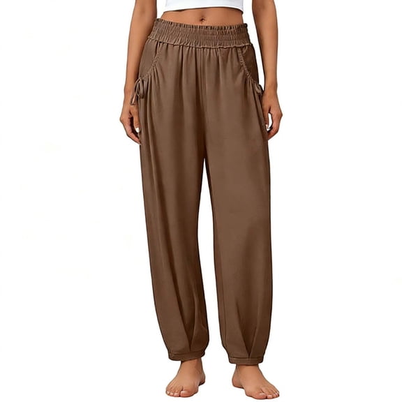 Edvintorg Womens Casual Pants Outdoor Elastic Waisted Casual Loose Fit Cuffed Trousers with Pockets Plus Size Fashion Clothing Brown XL