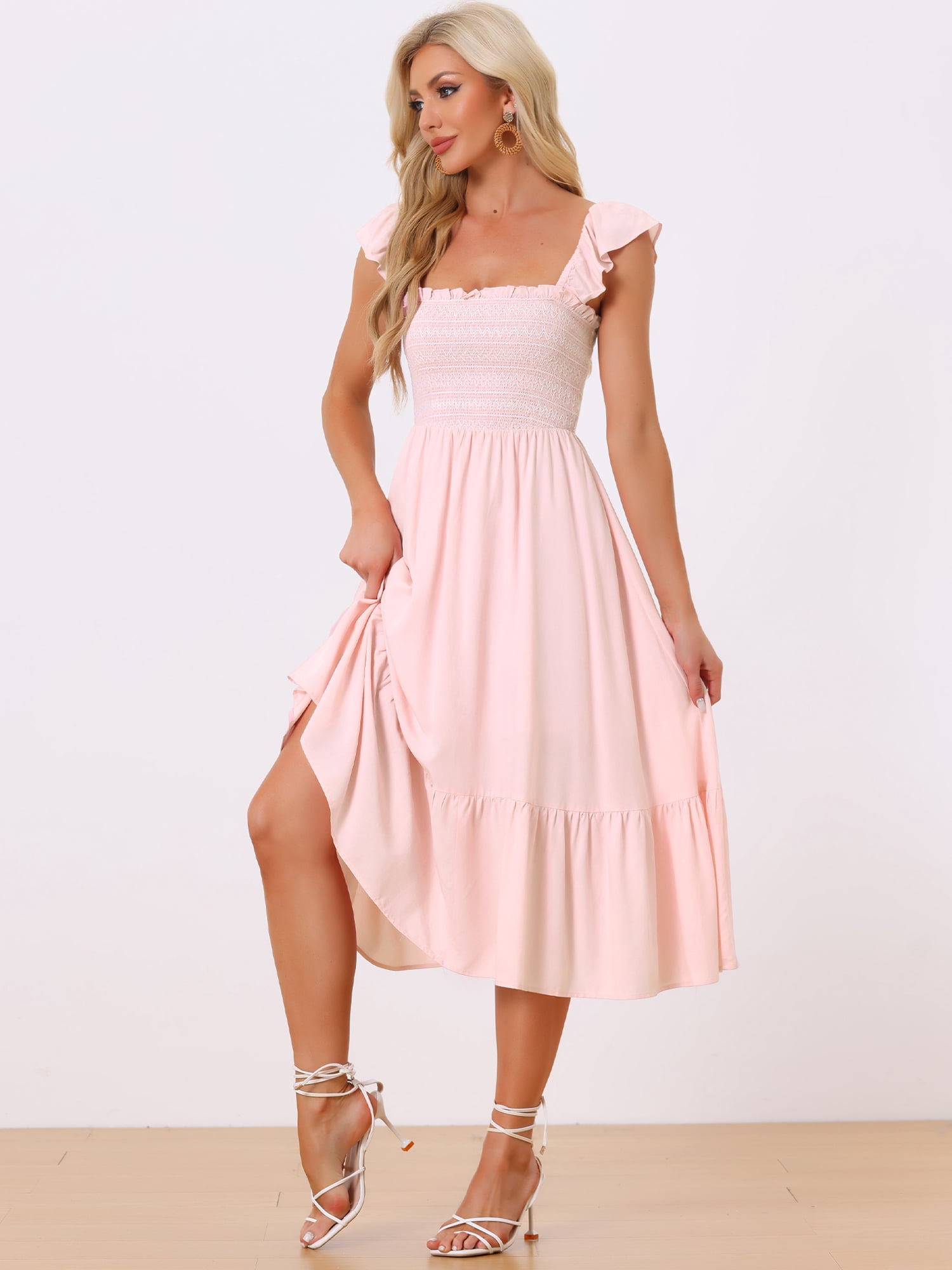 DARING DIVA Square Neck Boho Sleeveless Ruffle Tiered Smocked Sundress L Pink