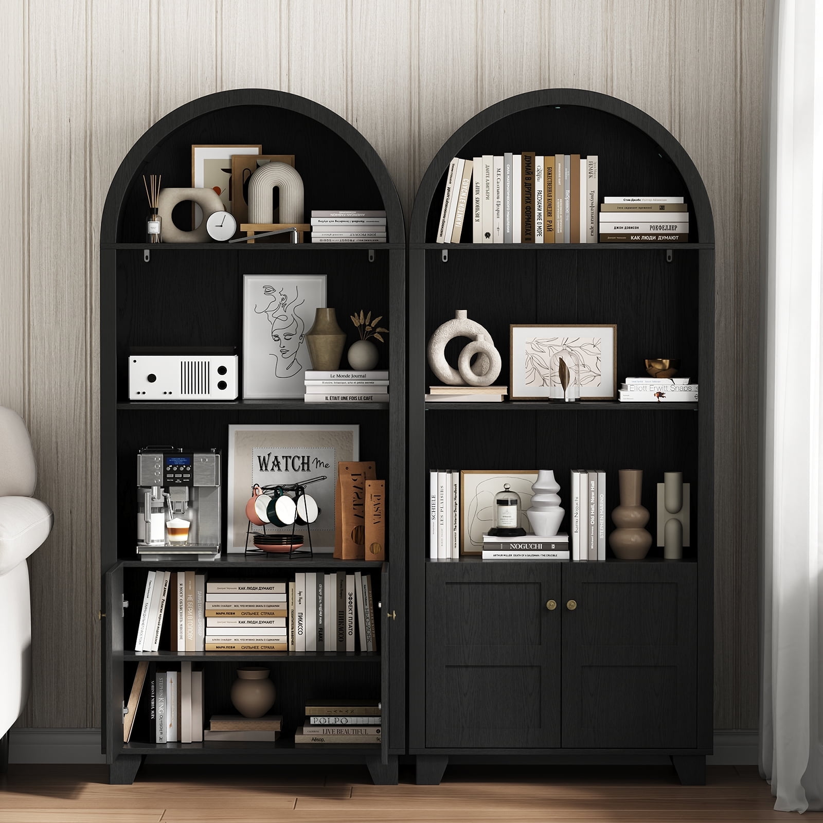 70'' Tall Arched Cabinet, Arched Kitchen Pantry Cabinet with 2 Doors and 5shelves, Open Storage Cabinets Display Bookcase, Versatile Cupboard for Living Room(Black)