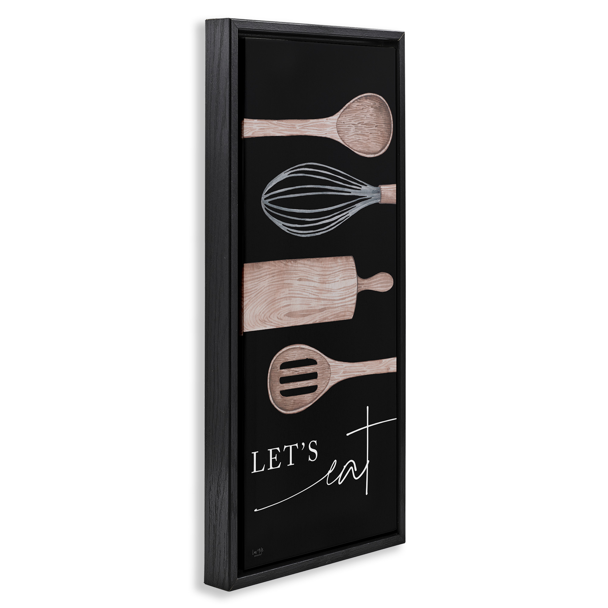 Stupell Industries Let's Eat with Kitchen Utensils Food & Beverage Painting Black Floater Framed Canvas Art Print Wall Art, 15 x 31