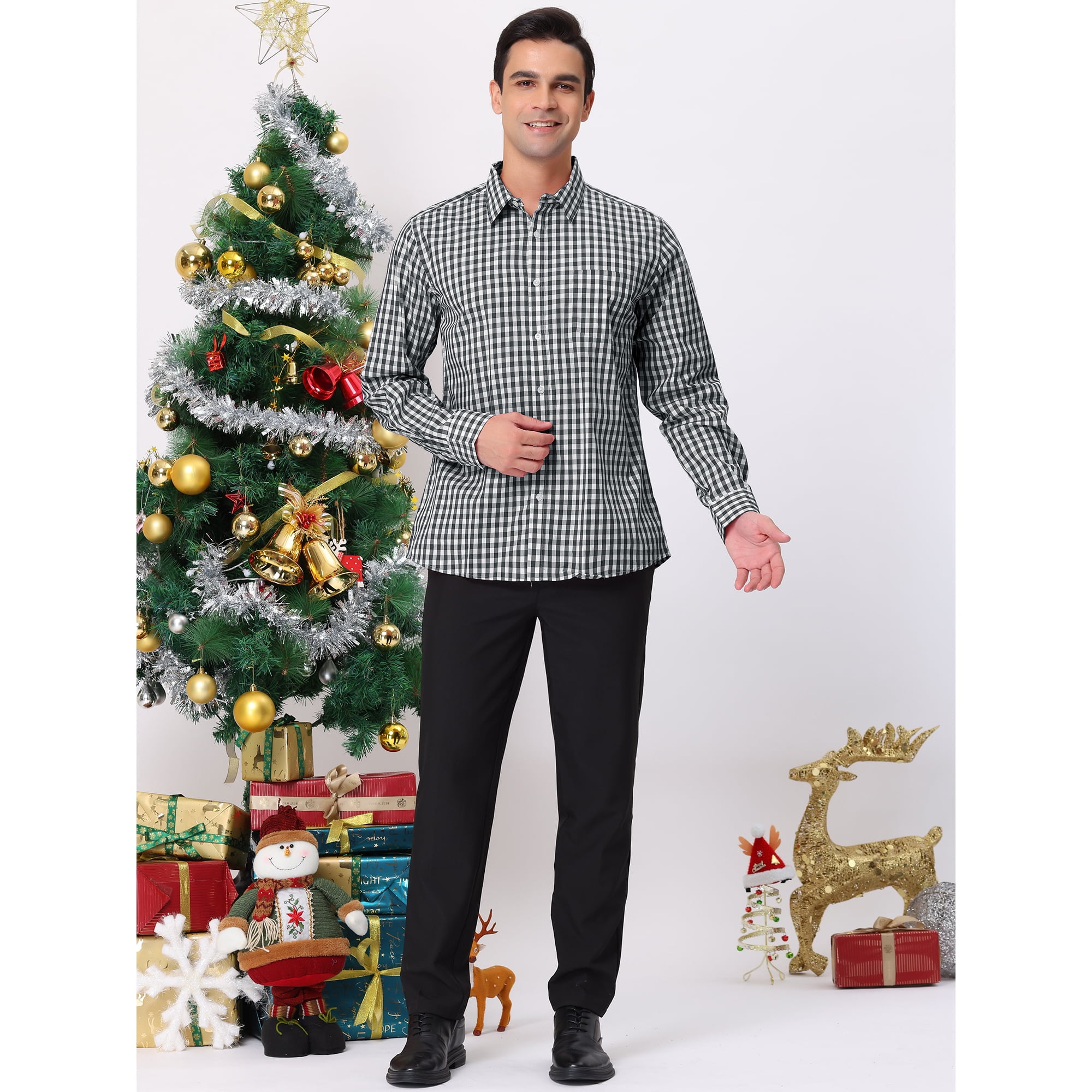 Unique Bargains Men s Plaid Shirt Regular Fit Button Down Long Sleeves Dress Checkered Shirts Black White S Other