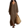 thumbnail image 2 of Guieoi Shift Dresses for Women 2026 Fall Long-Sleeve V-neck Cotton-Linen Split-Hem Dress Brown M, 2 of 7
