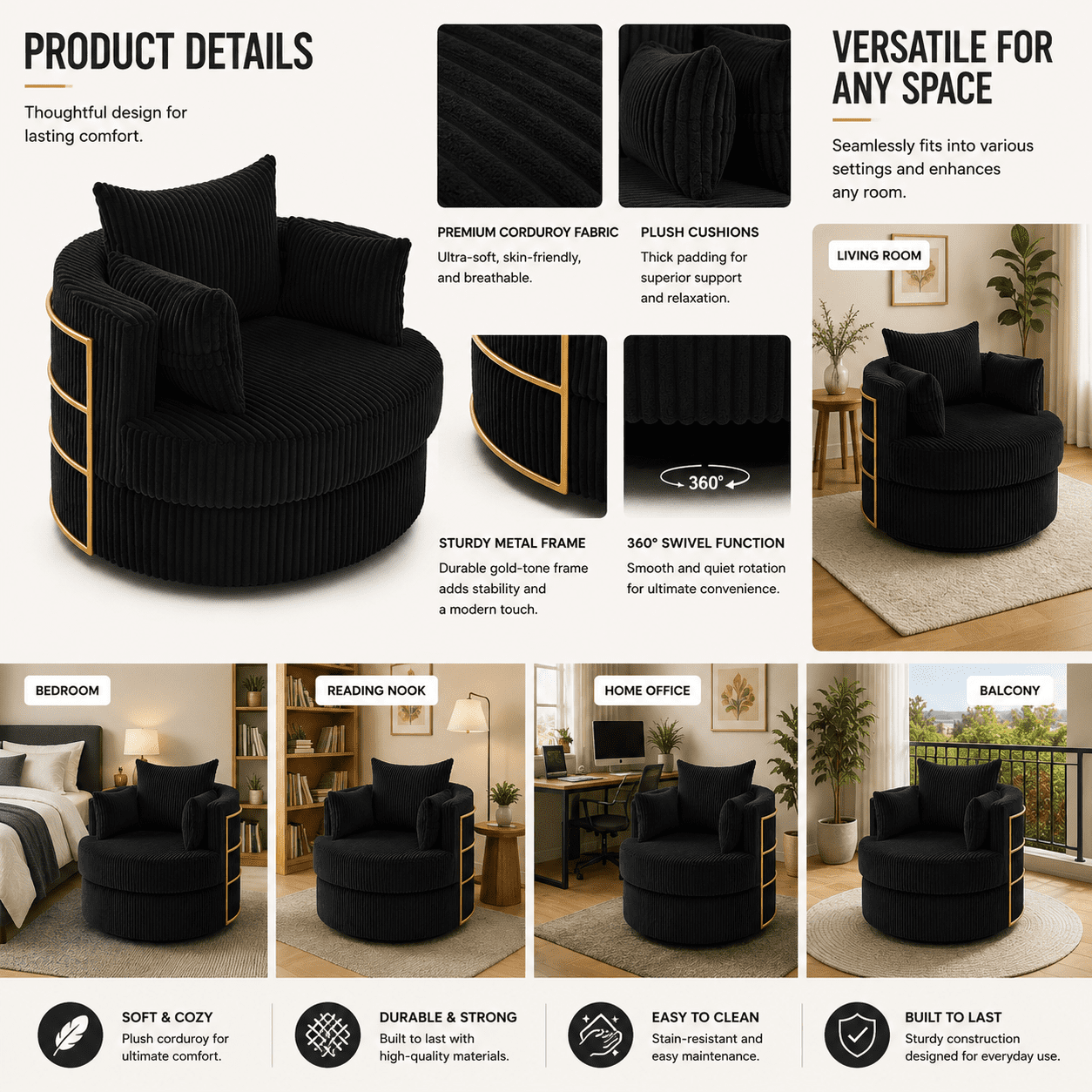 MOONMISS Swivel Barrel Accent Chair with Hidden Storage,Corduroy Round Single Sofa,Gold Metal Frame,for Living Room Reading Nook,Black