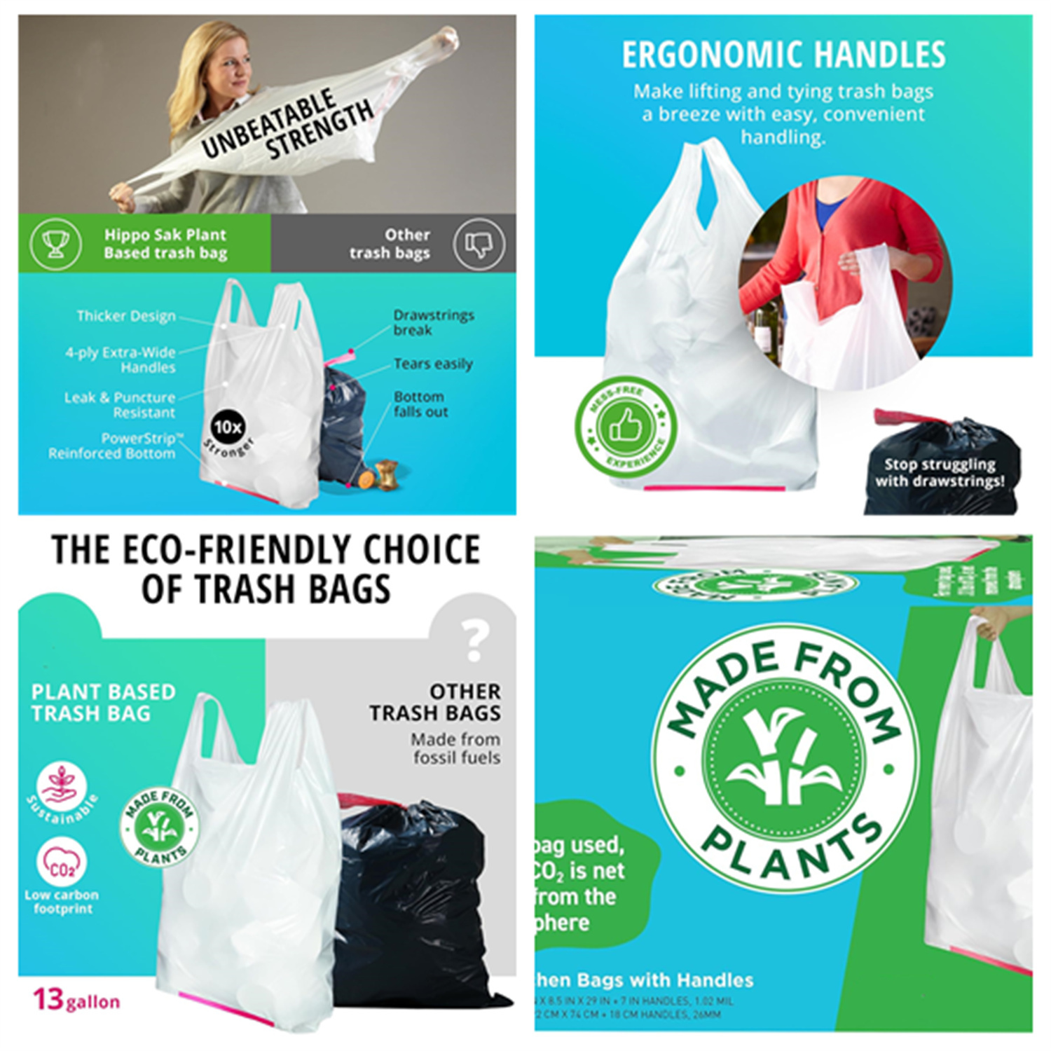 Plant Based Tall Kitchen Garbage Bags with Ergonomic Handles - 13 Gallon Trash Bags -   &   Friendly - Super Strong and Leak Proof Tall Kitchen Trash Bags (90 Count)