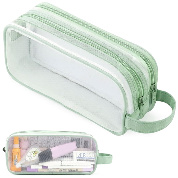 Rirool Mesh Pencil Case Large Capacity, Clear 2 Compartment Pencil Pouch with Zipper, Big Pen Organizer for School Supplies, Travel Makeup Bag for Girls Teens Adults Green