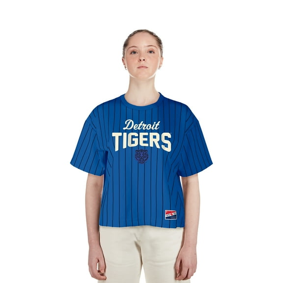 Women's-New Era Blue Detroit Tigers City Connect Multiplier Pinstripe Cropped T-Shirt