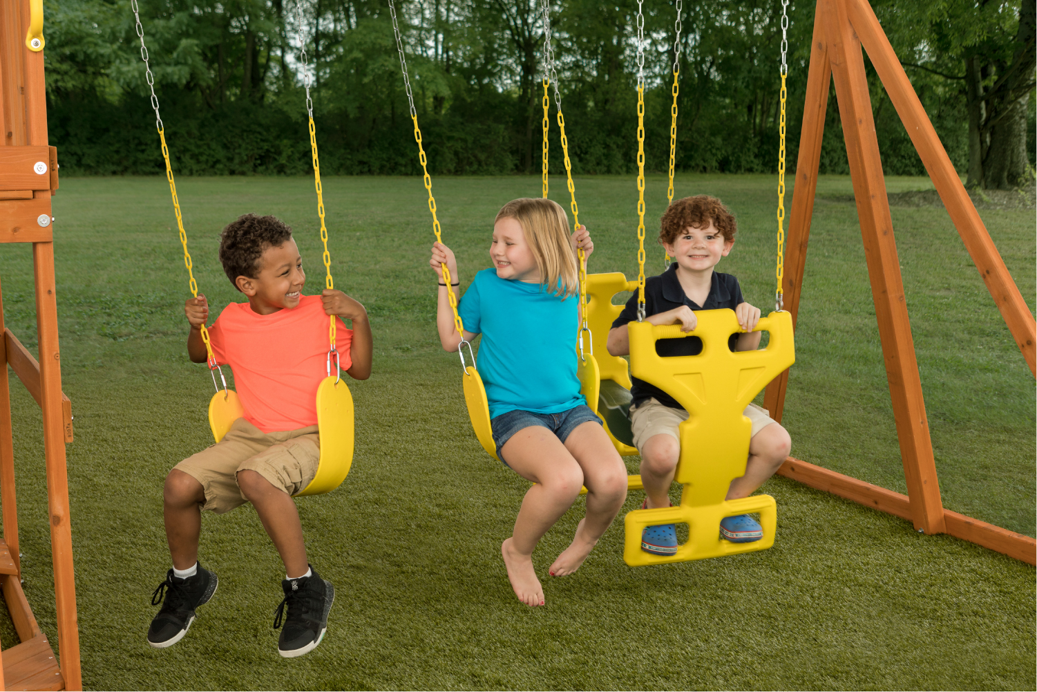 Sky View Cedar Backyard Playset | W: 17'10" D: 9'4" H: 9'9" | w/2-Person Glider & 2 Belt Swings | Binoculars, Steering Wheel & Telescope | Kids Age 3-12 | ASTM Standards | 10-Year Warranty on Wood - image 3 of 13