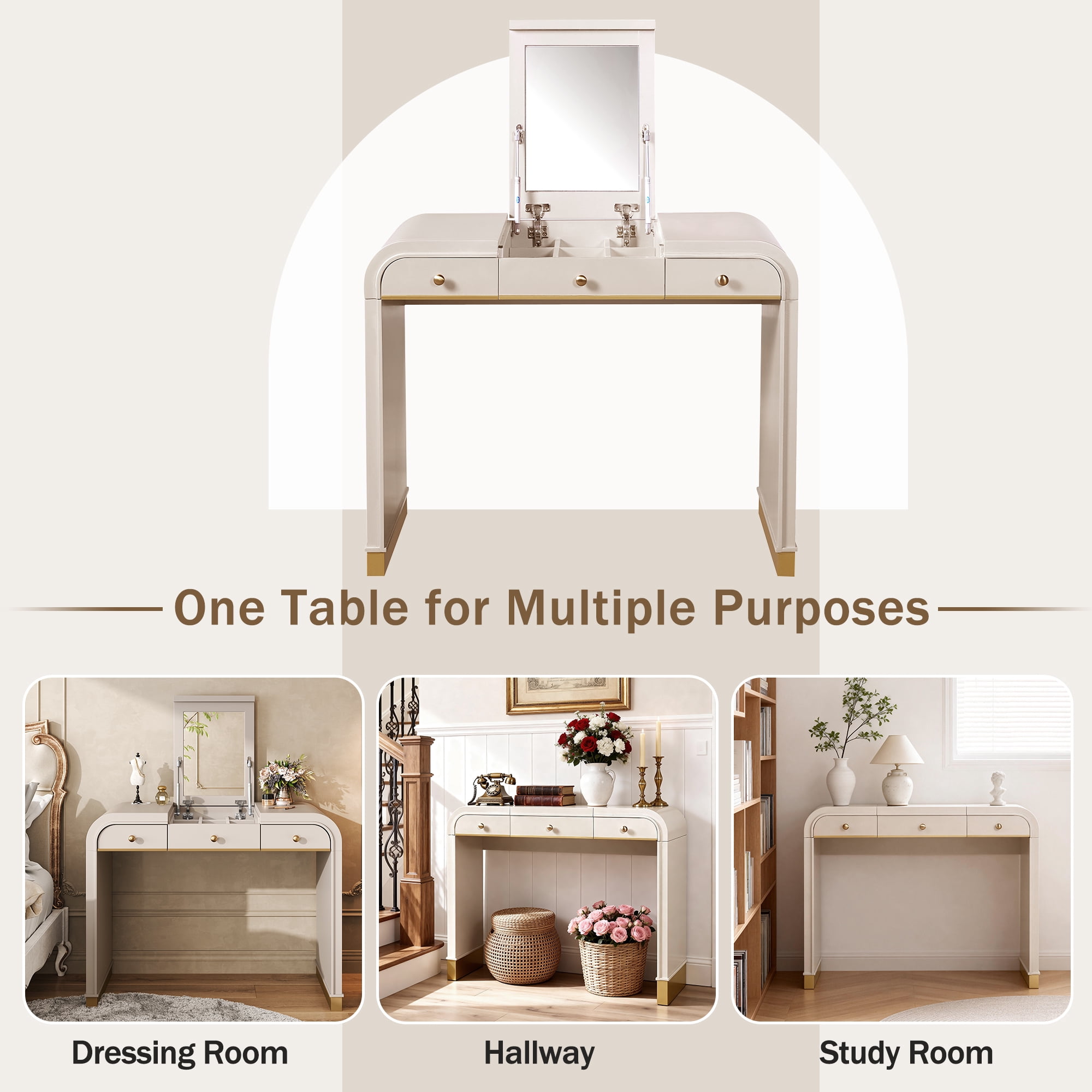 Mintazer Classic Wood Vanity Set with Flip Mirror, 3-in-1 Dressing Table with 2 Drawers & Storage Space, Makeup Vanity Desk for Bedroom, Champagne