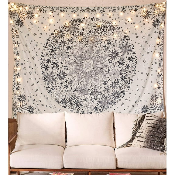 Gojian Bohemian Tapestry Wall Hanging, Black and White Floral Tapestry with Dotted Daisy Medallion Print Bedroom Boho Hippie Home Decor