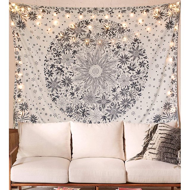 Tapiz bohemio para colgar en la pared, tapiz floral blanco beige con