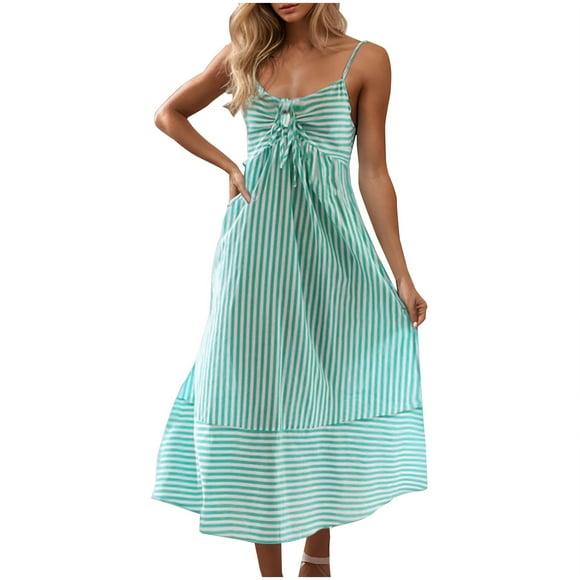 hotojiny Beach Vacation Clothes for Women Summer Striped Spaghetti Strap Midi Dresses Casual Tie up Tiered A-Line Boho Sundress