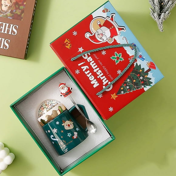 Rvkxad Christmas Ceramic Mug with Lid and Spoon, Holiday Gift Set for Coffee Tea Drinking, Christmas Cup, Festive Mug