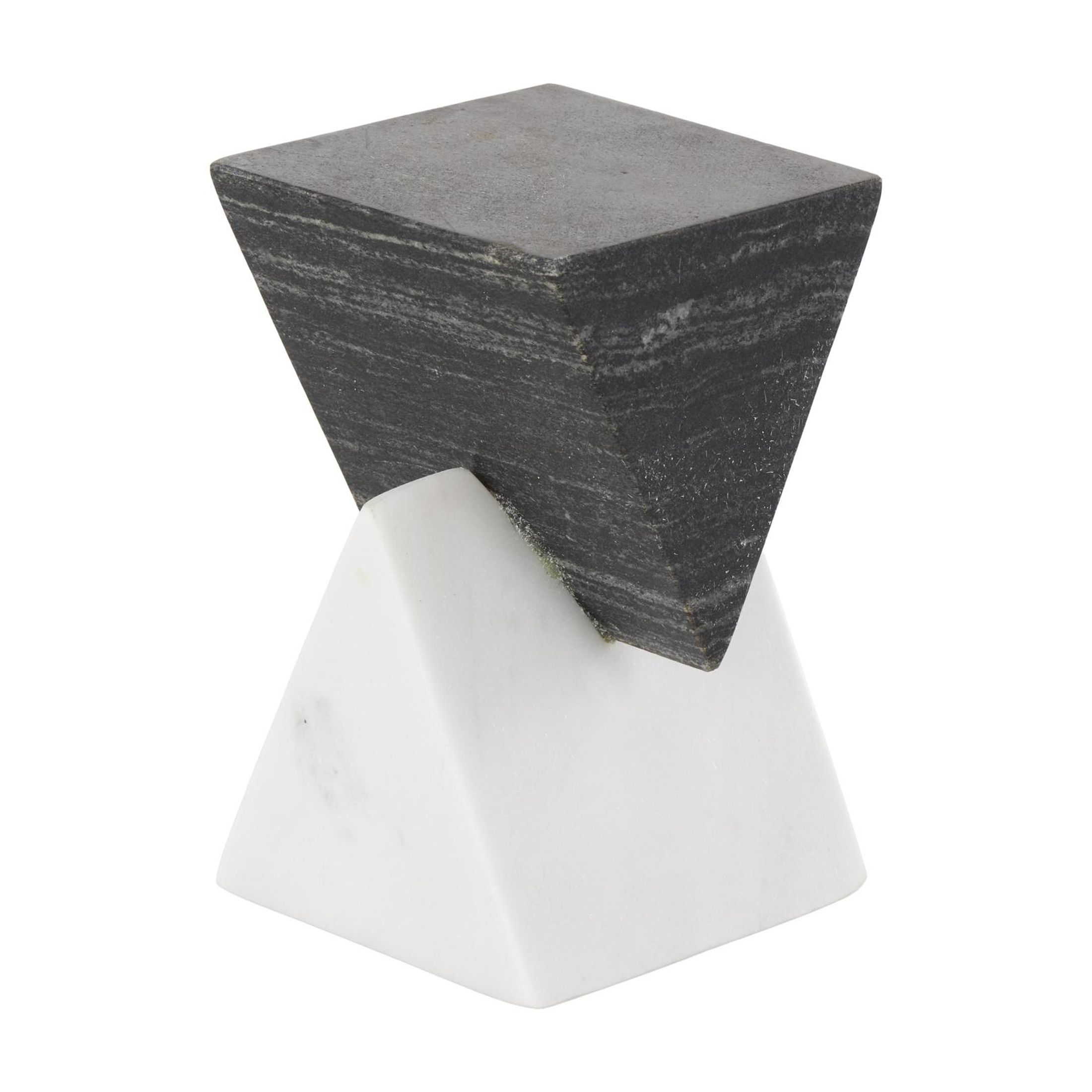 4" x 7" White Marble Stacked Pyramid Geometric Sculpture with White Base, by DecMode