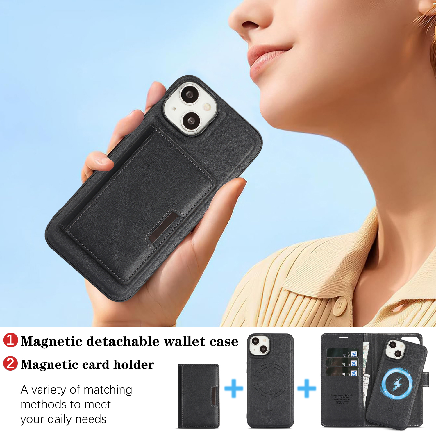 Dteck for iPhone 15 Case Detachable Wallet Case with Card Holder, 3 in 1 PU Leather Flip Folio with RFID Blocking Stand Shockproof Phone Cover,Black
